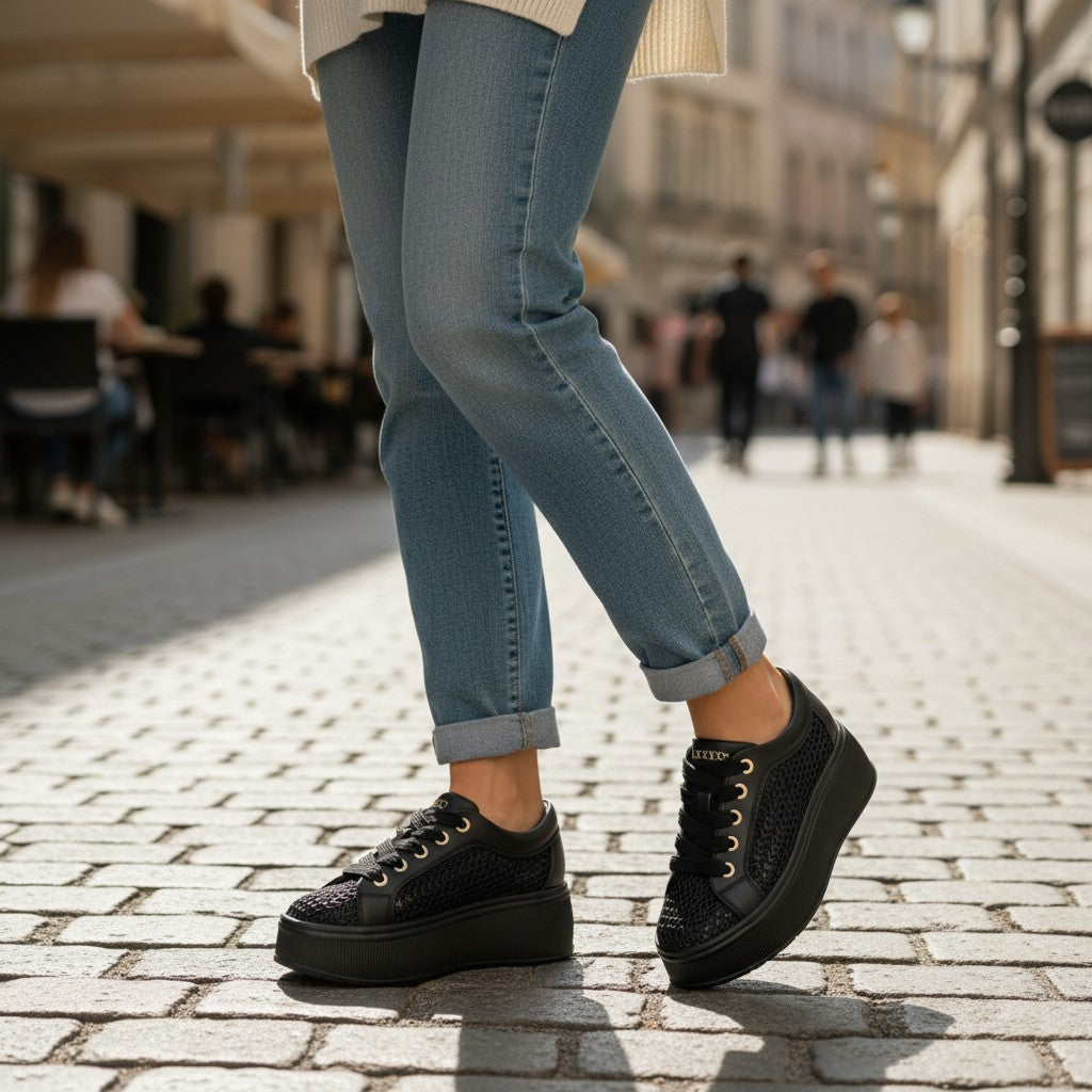 ada-shoes.ro black textile and faux leather platform sneakers with lace-up closure and 5cm sole.