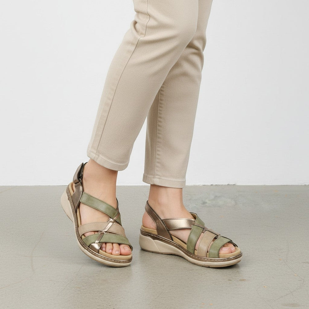 ada-shoes.ro women's casual sandals in olive green, beige, and bronze leather with criss-cross straps and adjustable velcro closures.