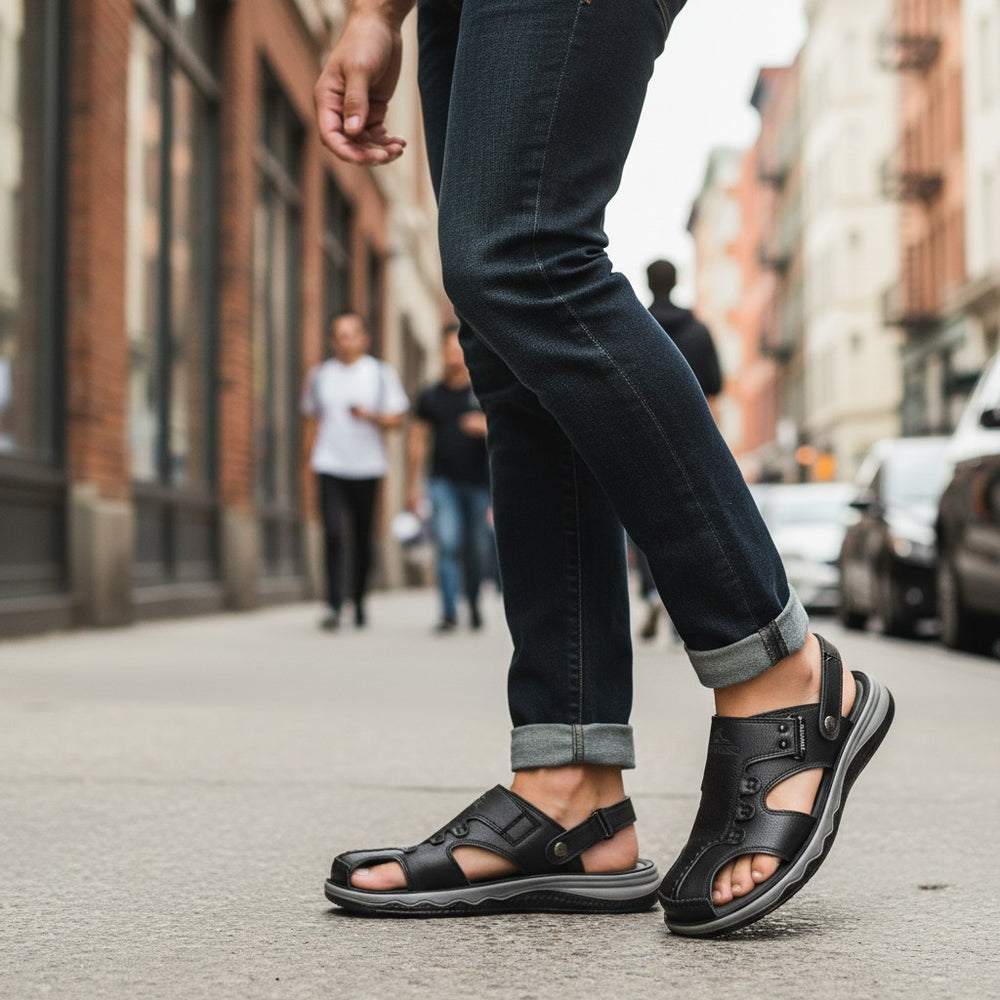 ada-shoes.ro black natural leather casual sandals for men with elastic strap and perforated upper.