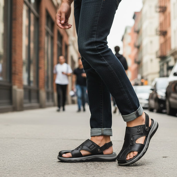 ada-shoes.ro black natural leather casual sandals for men with elastic strap and perforated upper.