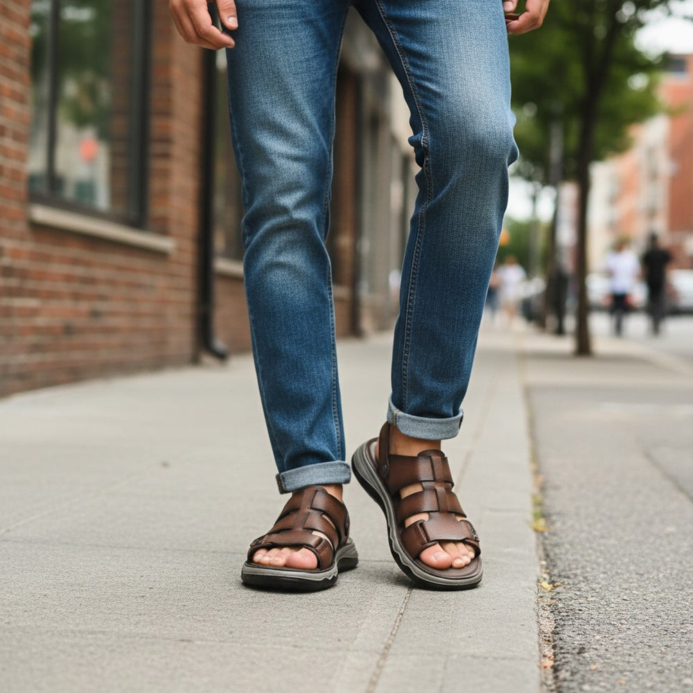 Brown leather casual sandals for men by Otter, featuring a strappy design and elasticated strap for easy wear.