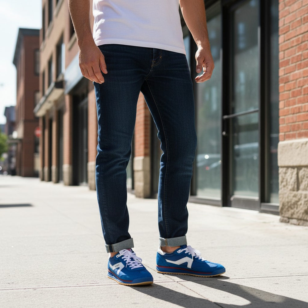 ada-shoes.ro blue suede and textile Skechers SKX 92 Spective men's sneakers with white accents and lace-up closure.