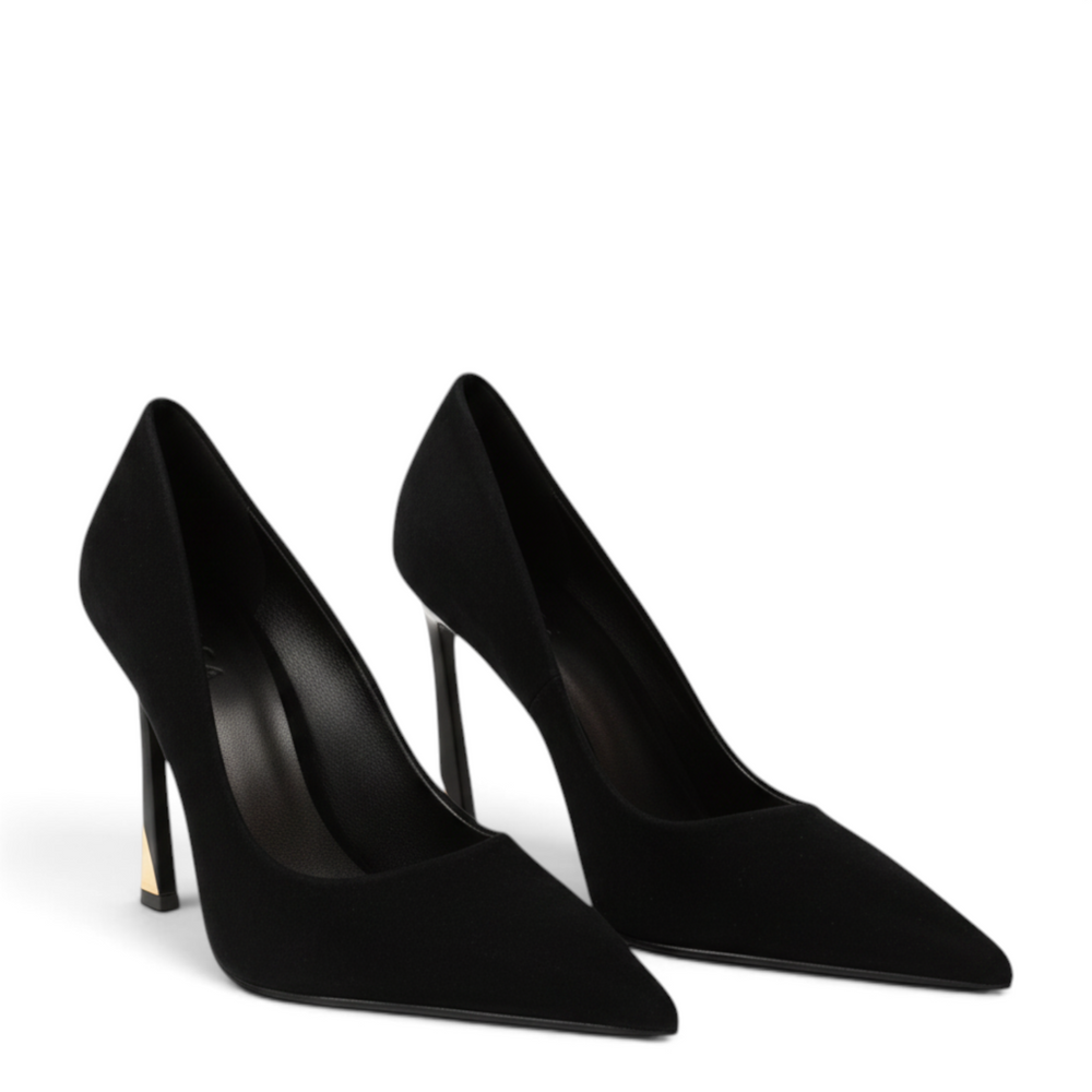 ada-shoes.ro Epica black suede pointed toe stiletto heels with gold accent on the heel