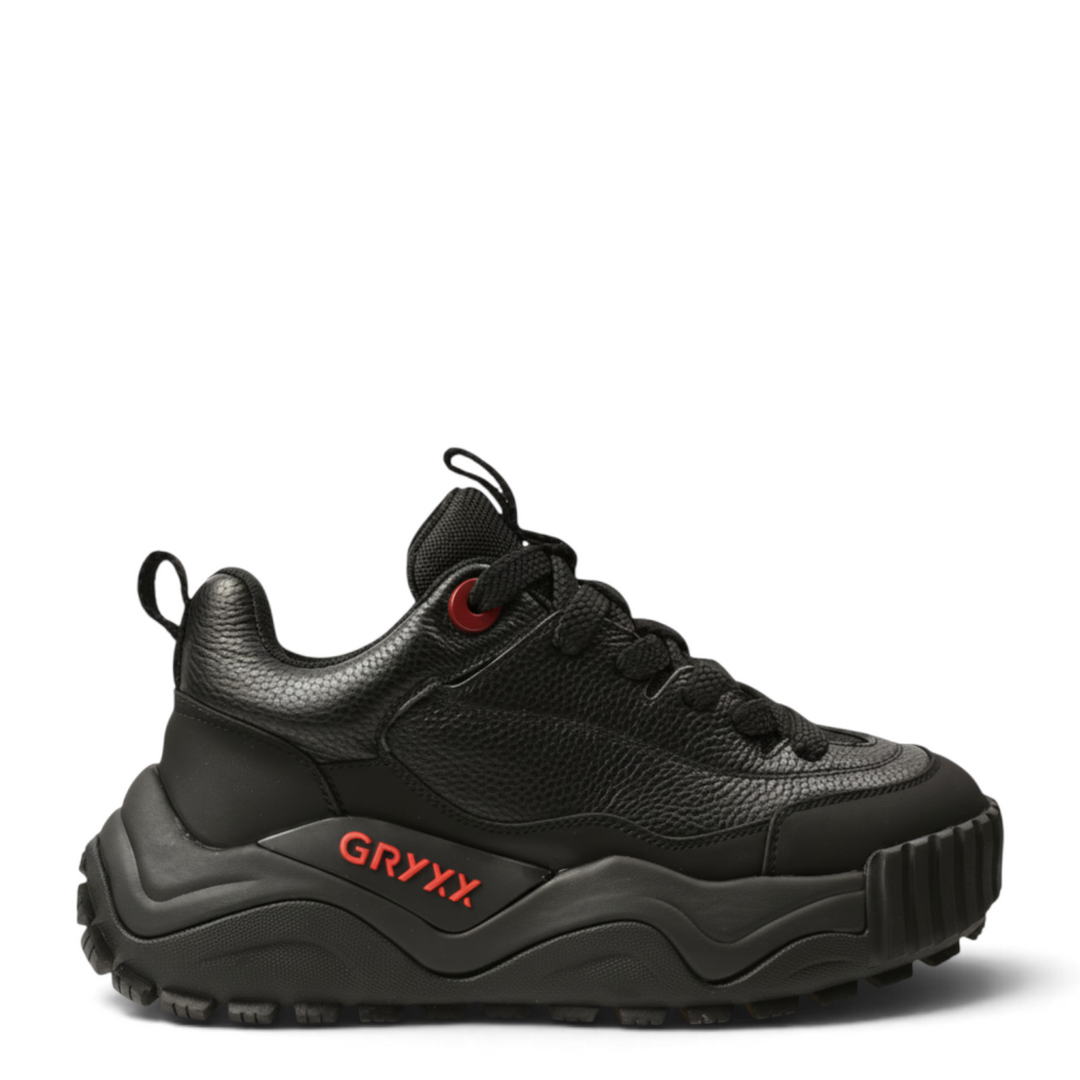 ada-shoes.ro Gryxx JS90003A black leather sneakers with a chunky platform sole and red logo detailing