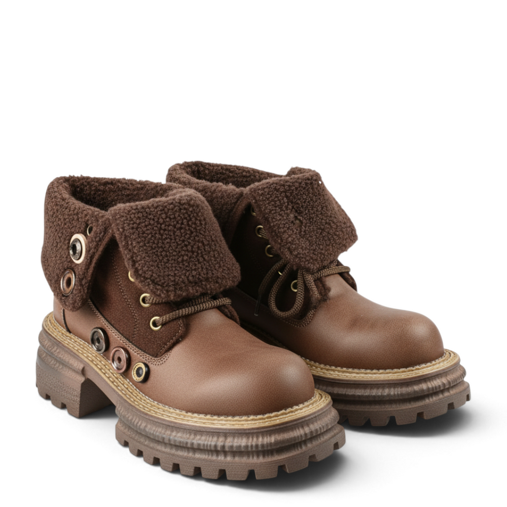 ada-shoes.ro brown leather casual boots with fur lining, lace-up closure, and a 4cm chunky lug sole.
