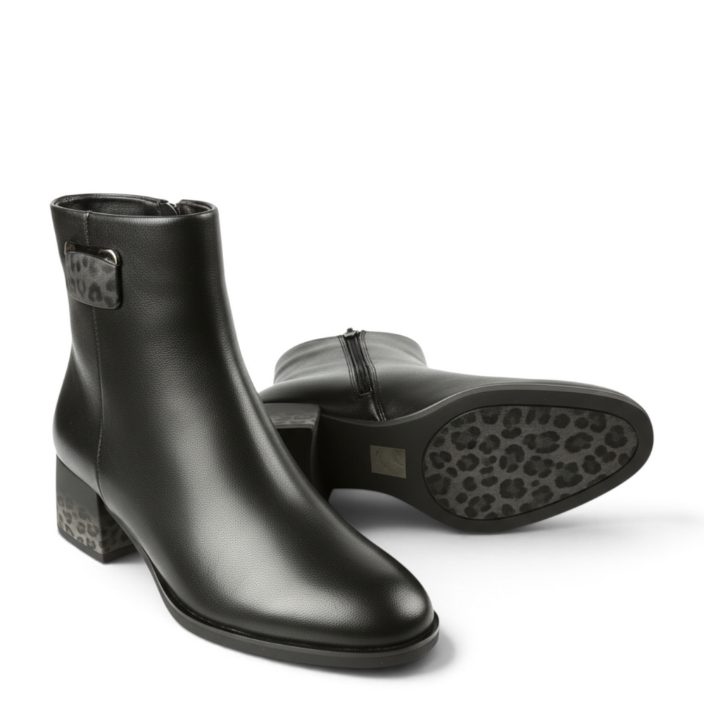 ada-shoes.ro Epica black leather ankle boots with a 5cm block heel and leopard print detailing on the heel and sole.