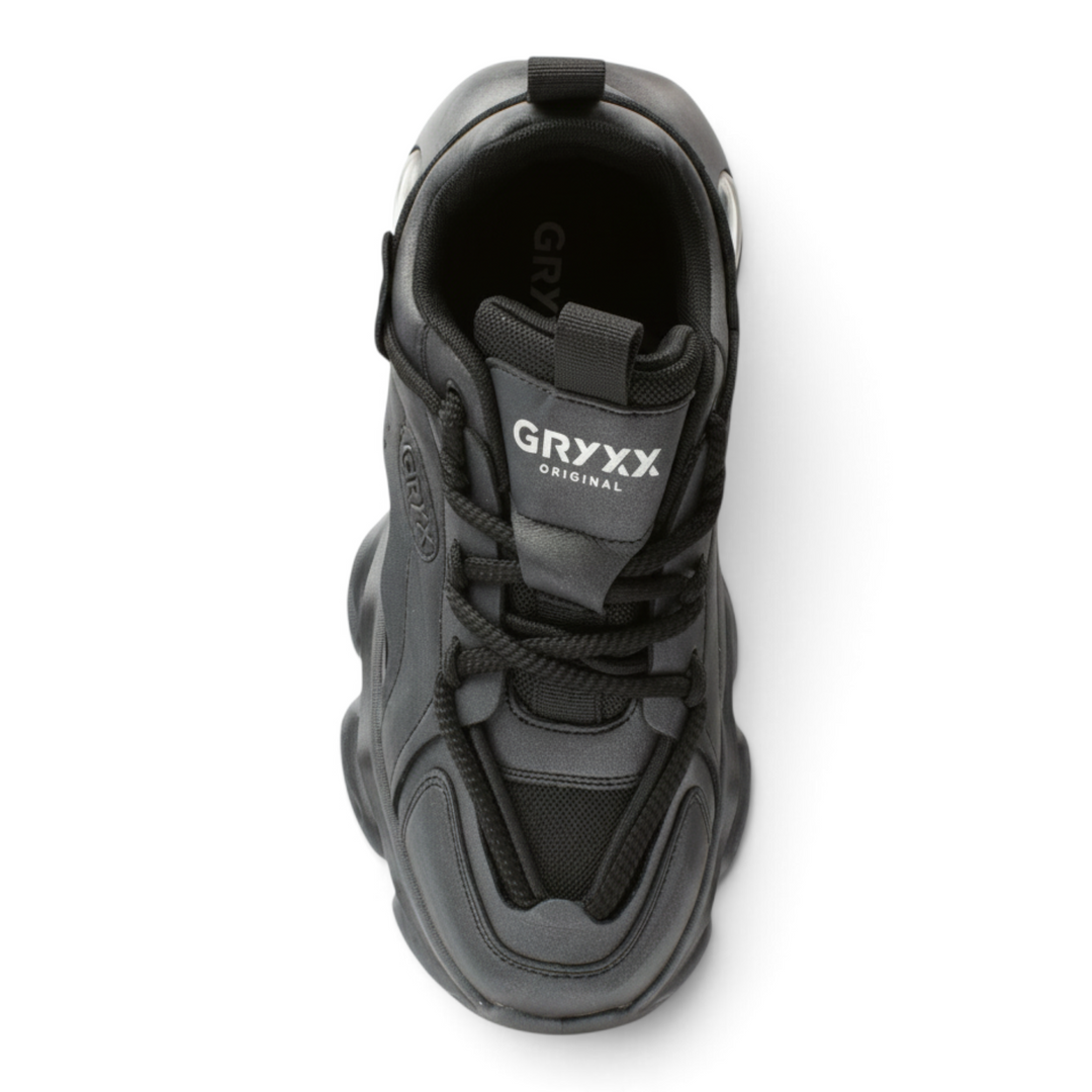 ada-shoes.ro Gryxx F7801-G black chunky sneakers with a textured sole and lace-up design viewed from above