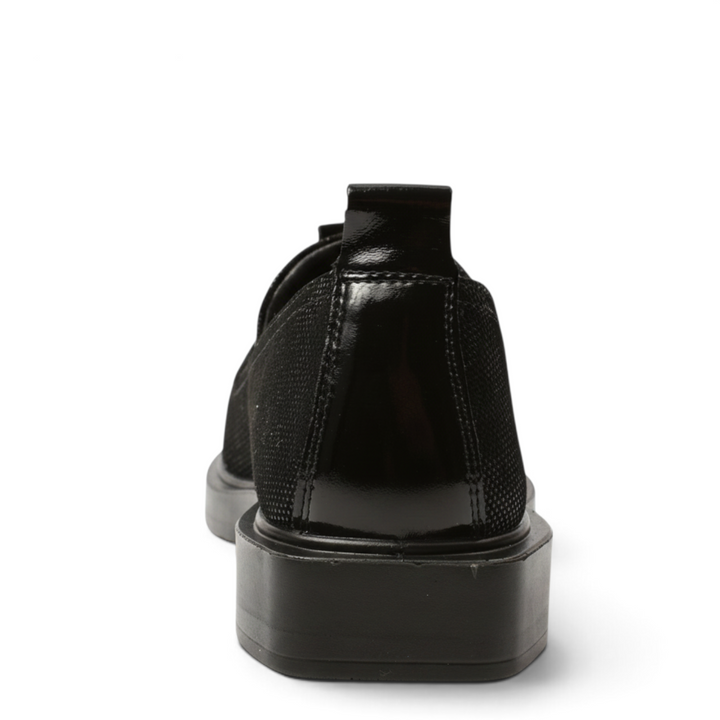 Back view of Pass Collection black casual shoes from ada-shoes.ro featuring a textured upper and patent heel detail.