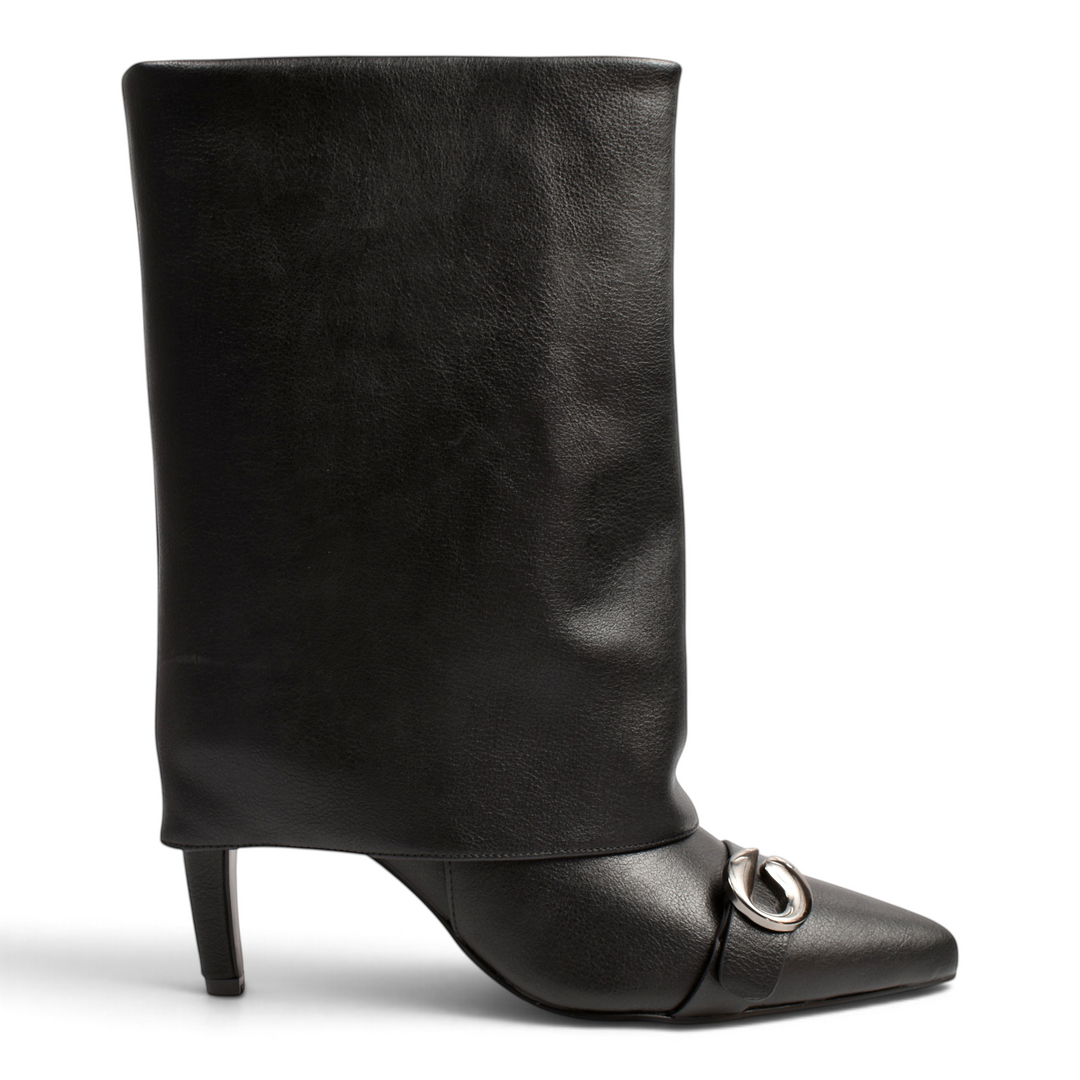 ada-shoes.ro Epica black leather boots with fold-over cuff, pointed toe, and silver metallic buckle detail