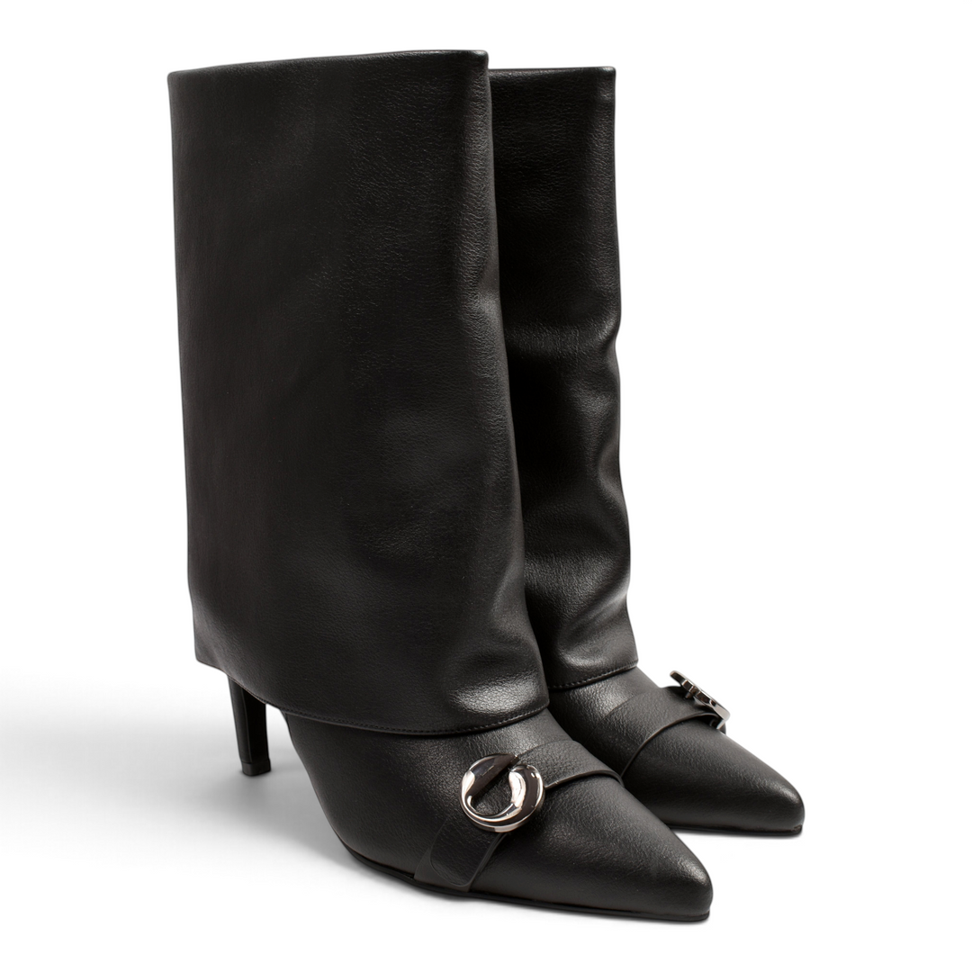 ada-shoes.ro Epica black leather boots with fold-over cuff, pointed toe, and silver metal buckle detail.