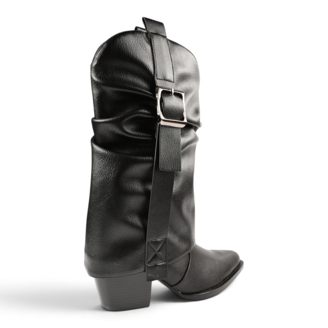 ada-shoes.ro Epica black leather stretch fit elegant boots with a 4cm heel and decorative buckle strap