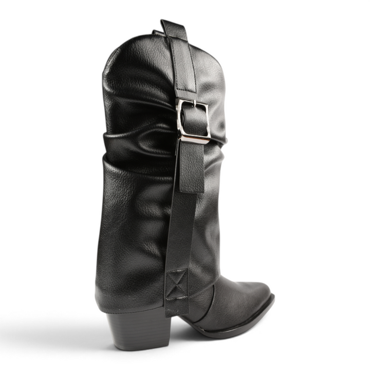 ada-shoes.ro Epica black leather stretch fit elegant boots with a 4cm heel and decorative buckle strap