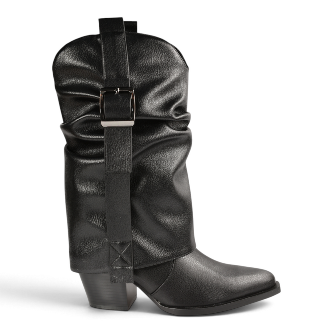 ada-shoes.ro Epica black leather slouchy boots with a decorative buckle and 4cm block heel