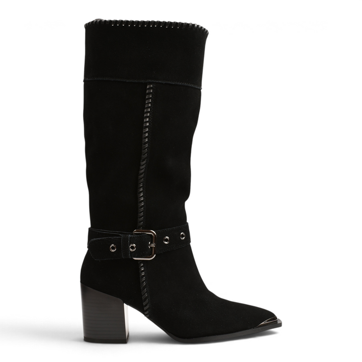 ada-shoes.ro black suede knee-high boots with western-style buckle strap, metal toe cap, and block heel