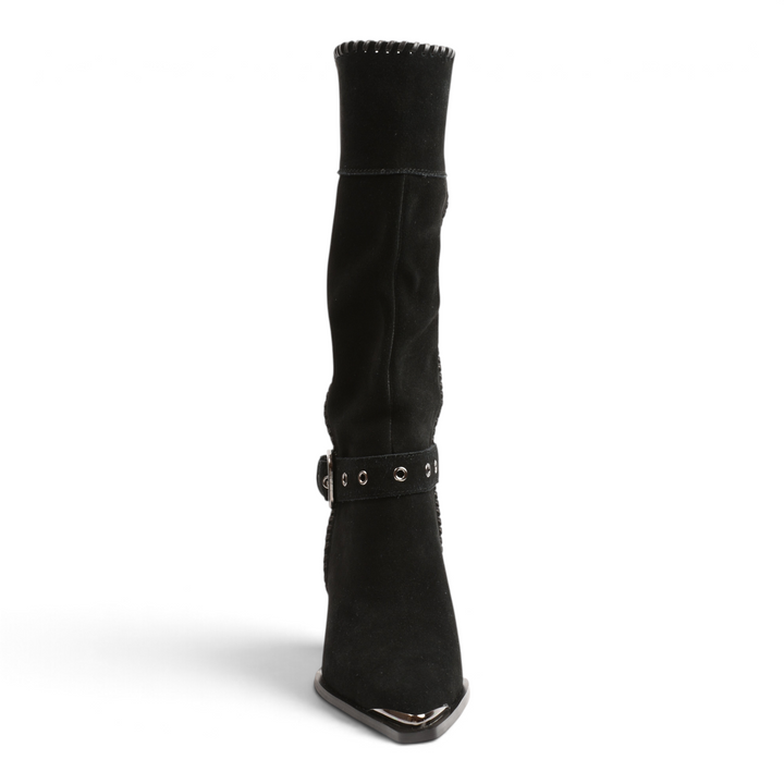ada-shoes.ro Anna Viotti black suede knee-high boots with western-style buckle strap and metallic pointed toe detail