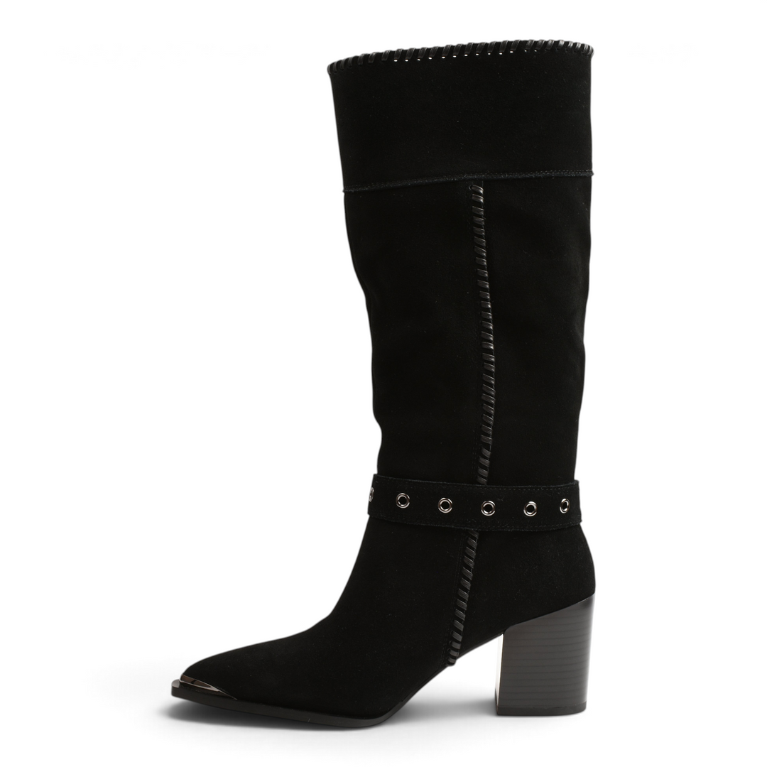 ada-shoes.ro black suede knee-high boots with western-style block heel, silver eyelet strap, and pointed metal toe cap