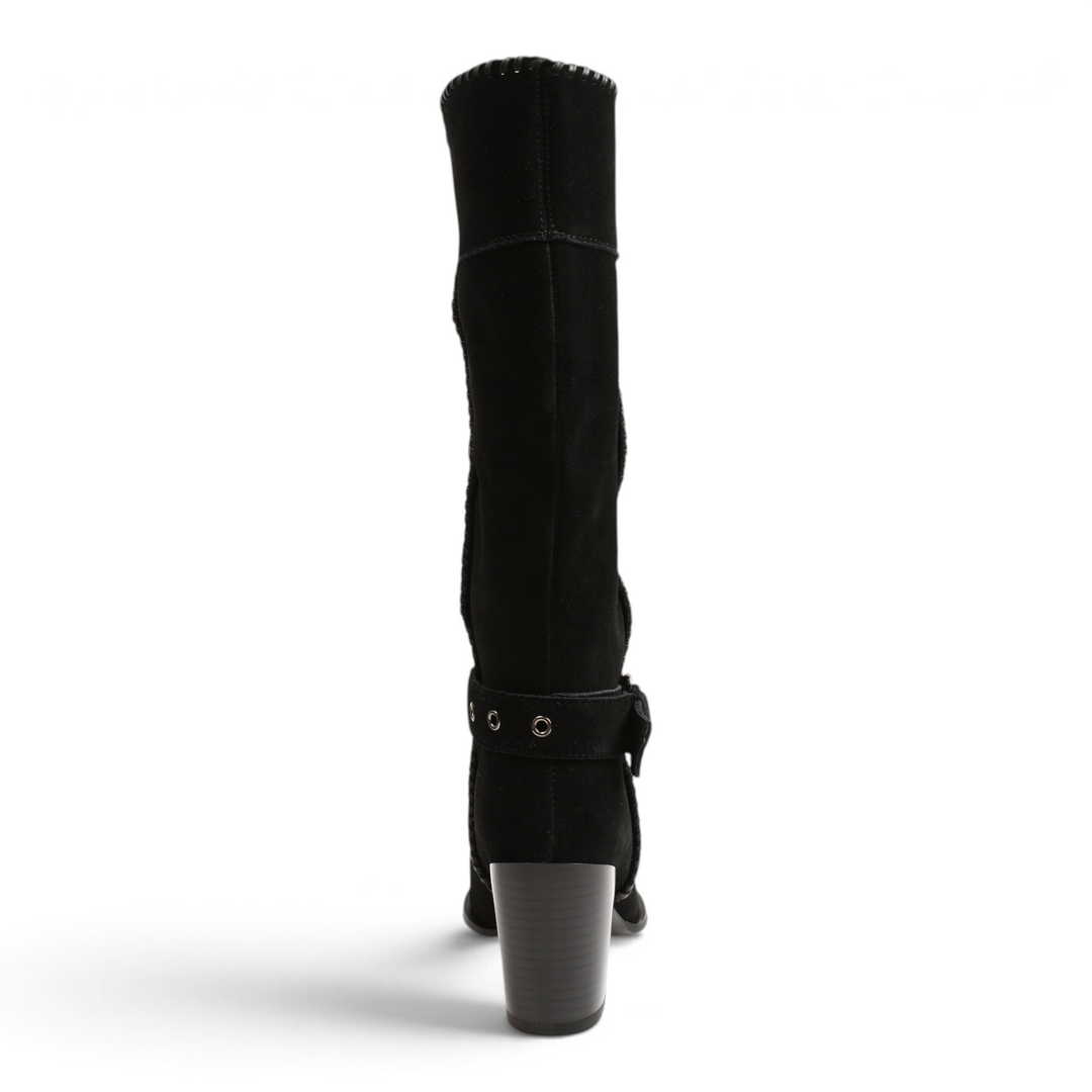 Back view of black suede Anna Viotti boots with a block heel, ankle strap, and silver metallic hardware details.