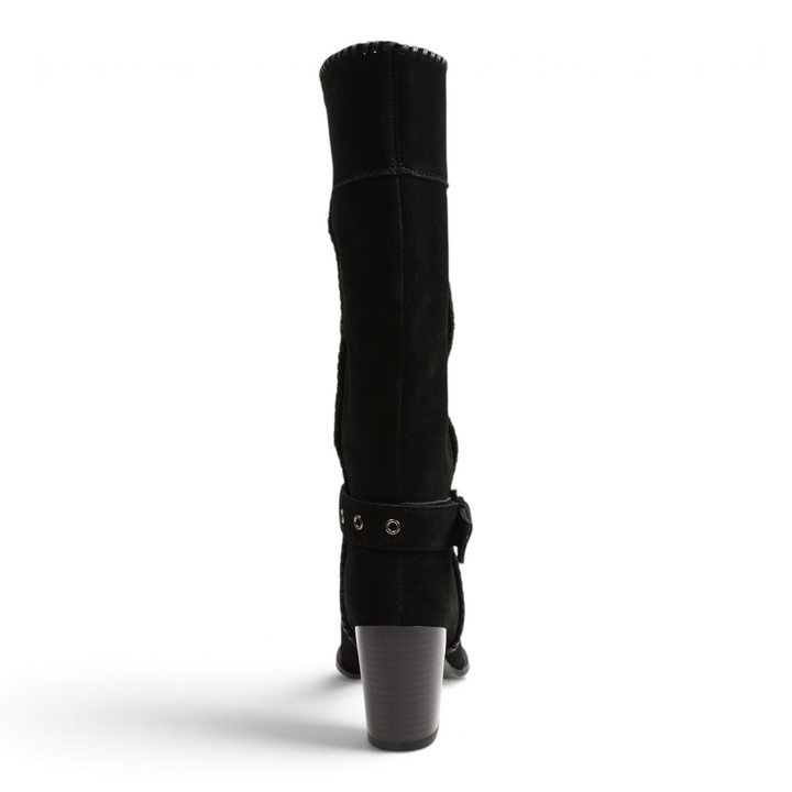Back view of black suede Anna Viotti boots with a block heel, ankle strap, and silver metallic hardware details.