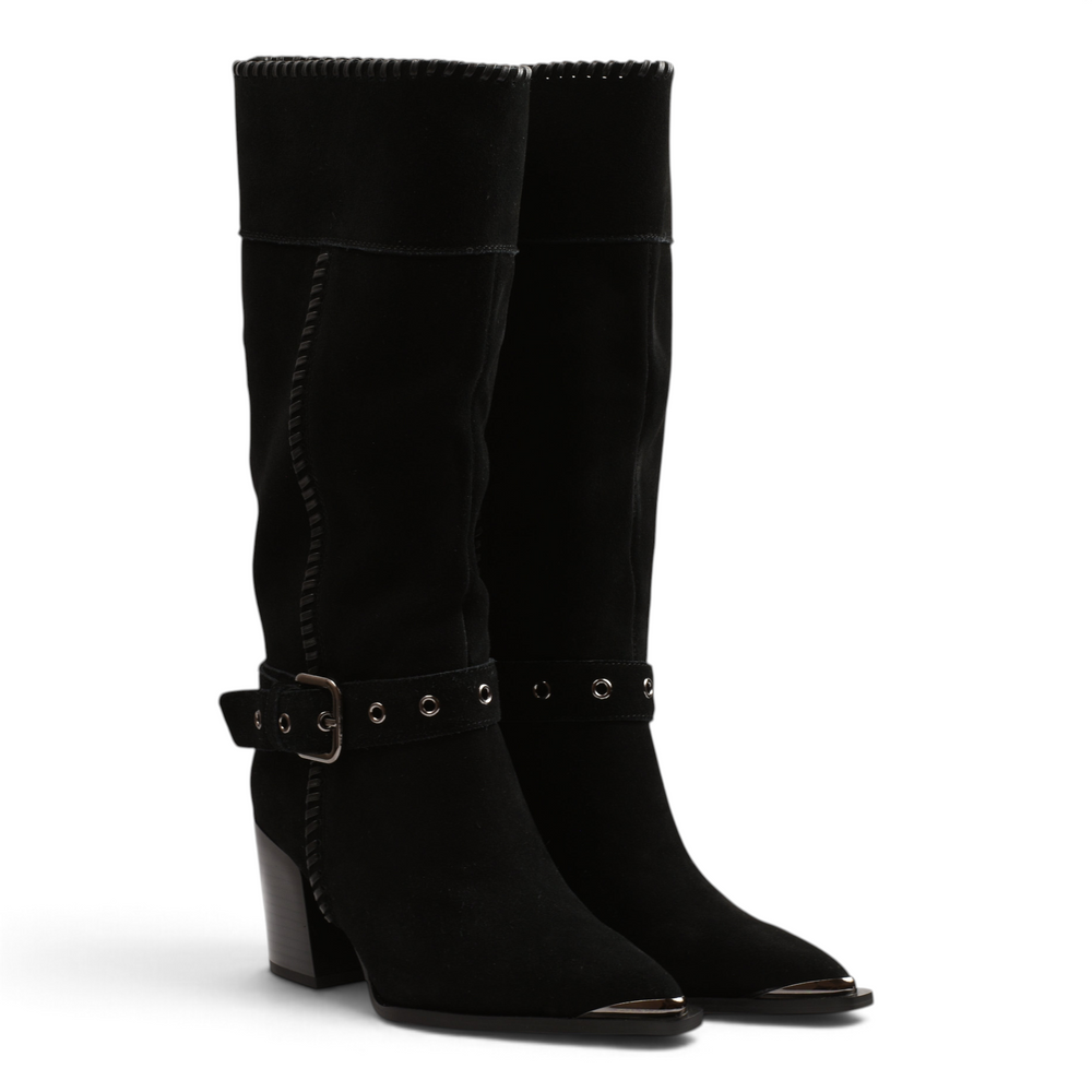 Anna Viotti black suede knee-high boots from ada-shoes.ro with western-style metal toe cap, buckle strap, and block heel