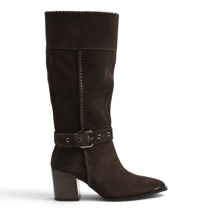 ada-shoes.ro brown suede knee-high boots with western block heel, ankle strap, silver buckle, and metal toe detail.