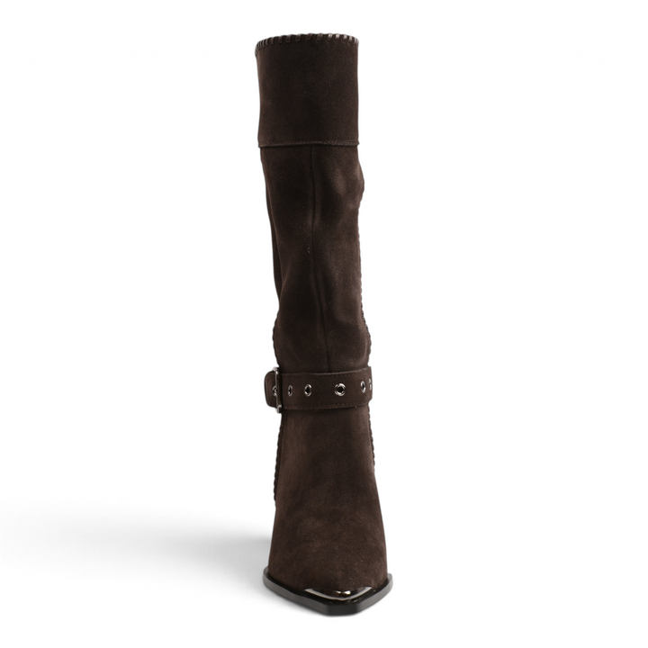 ada-shoes.ro brown suede western-style knee-high boots with silver buckle and metallic pointed toe detail
