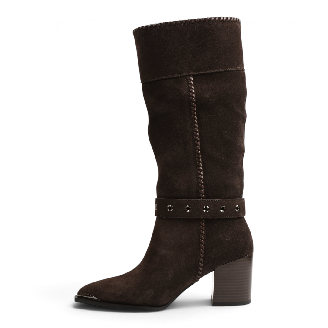 ada-shoes.ro brown suede knee-high boots with western-style buckle strap, metal toe cap, and block heel
