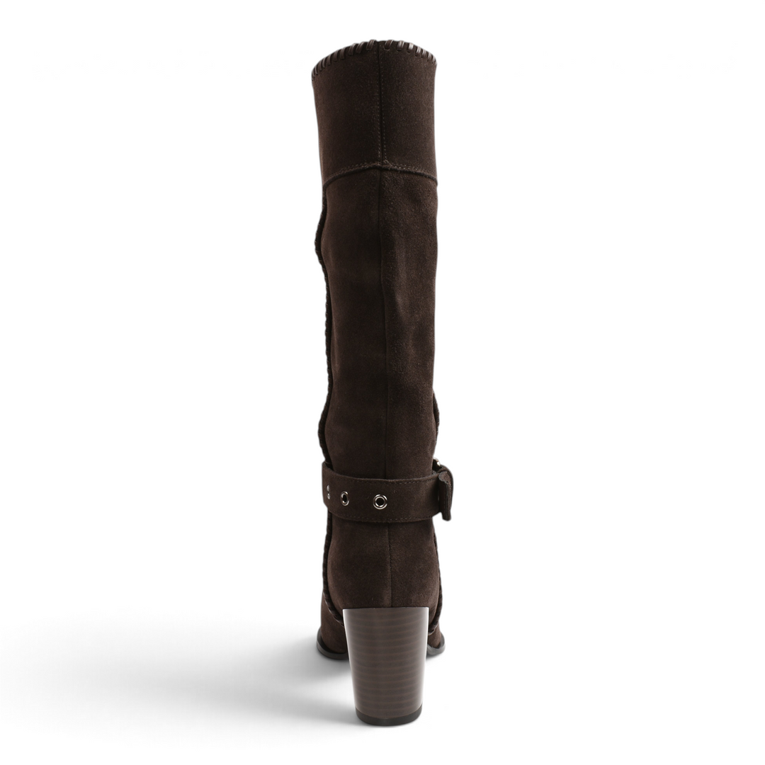 ada-shoes.ro brown suede knee-high boots with western block heel, ankle strap, and silver metal hardware details