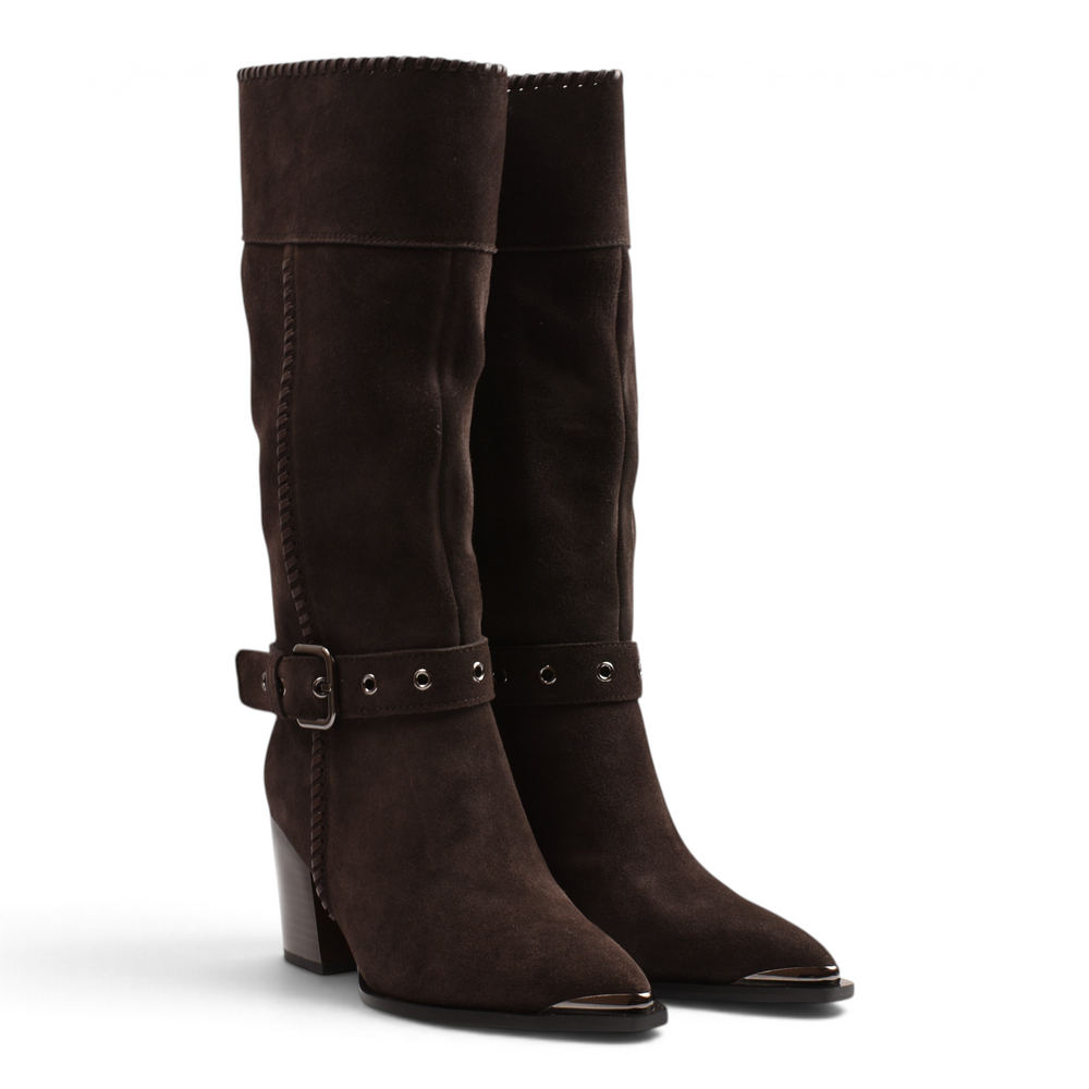 ada-shoes.ro Anna Viotti brown suede knee-high boots with western-style buckle strap, metal toe cap, and block heel.