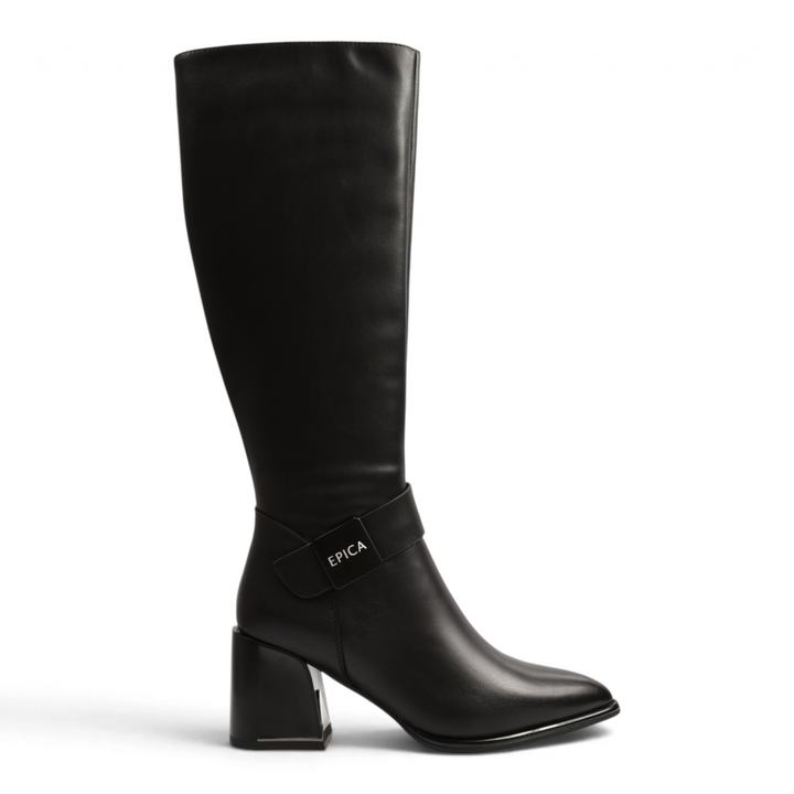 ada-shoes.ro Epica black leather knee-high boots with a stable block heel and decorative ankle strap