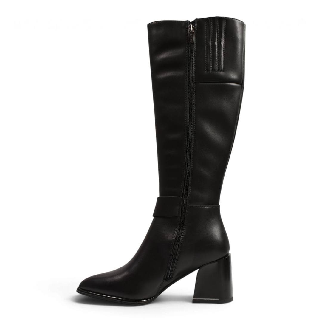 ada-shoes.ro Epica black leather knee-high boots with a stable block heel, side zipper, and decorative ankle strap.