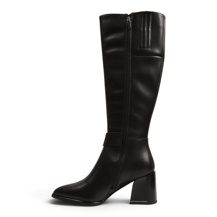 ada-shoes.ro Epica black leather knee-high boots with a stable block heel, side zipper, and decorative ankle strap.