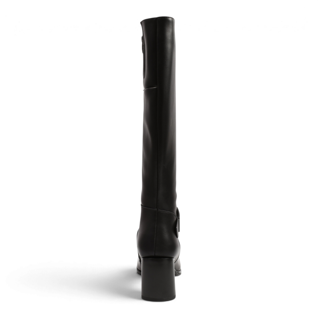 Back view of black leather knee-high boots from ada-shoes.ro featuring a stable block heel and side zipper detail.