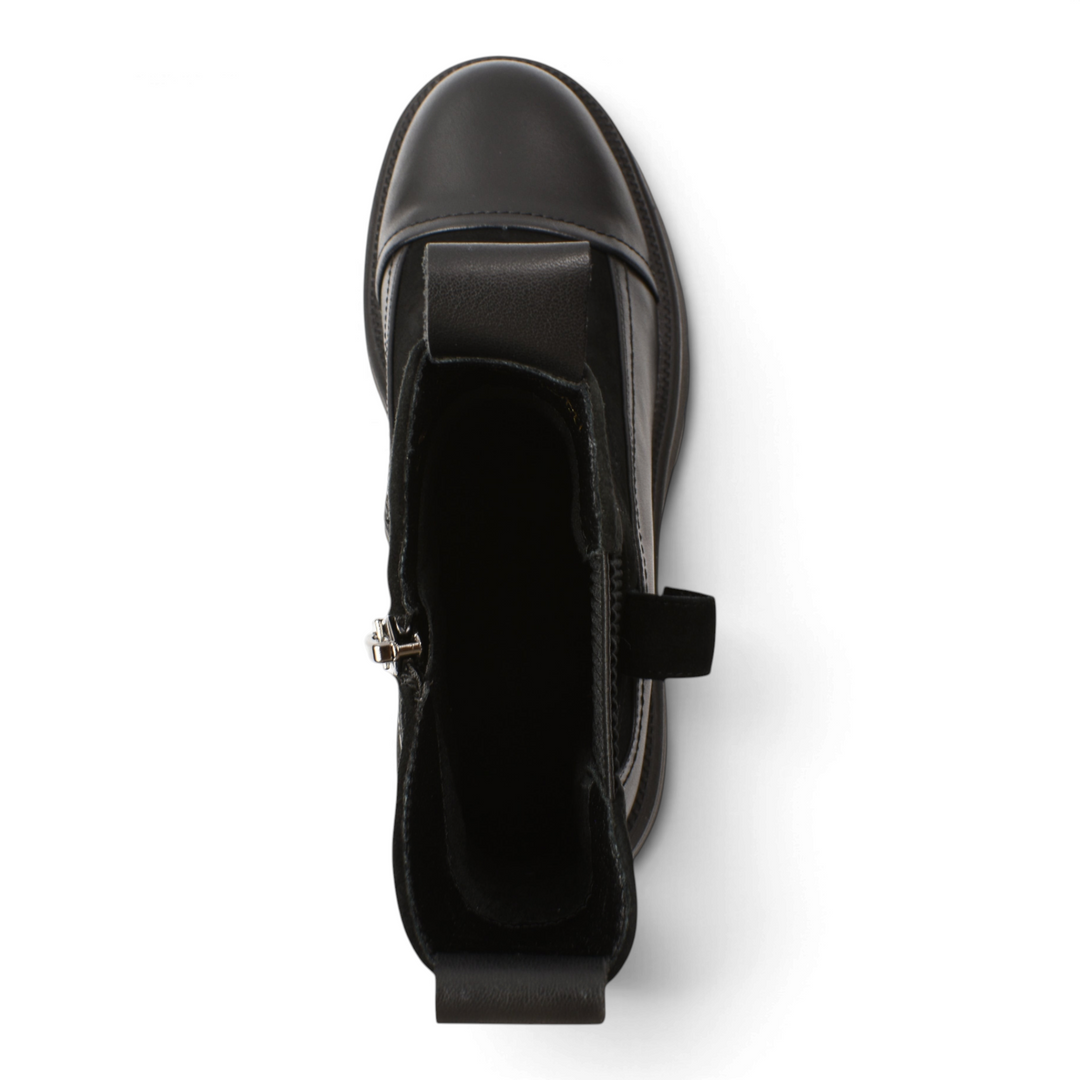 ada-shoes.ro Anna Viotti black leather ankle boots with side zipper and lace-up closure, top-down view
