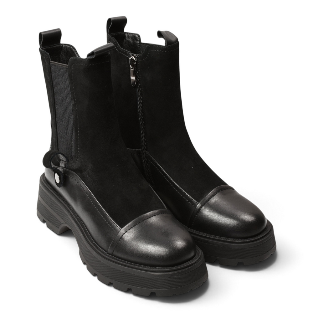 ada-shoes.ro Anna Viotti black leather and nubuck ankle boots with side zipper and chunky lug sole