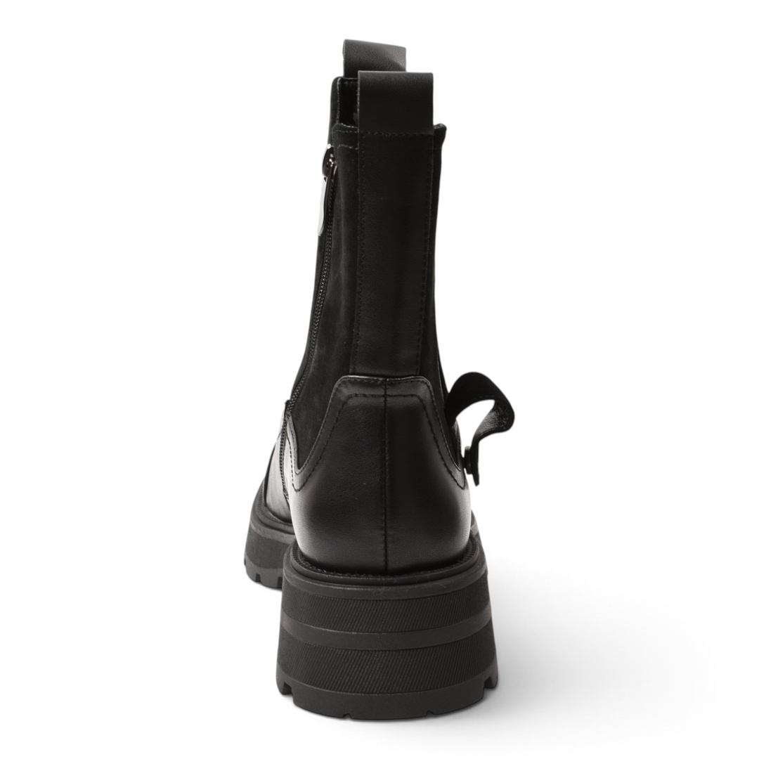 Back view of Anna Viotti black leather ankle boots with a chunky lug sole and side zipper from ada-shoes.ro
