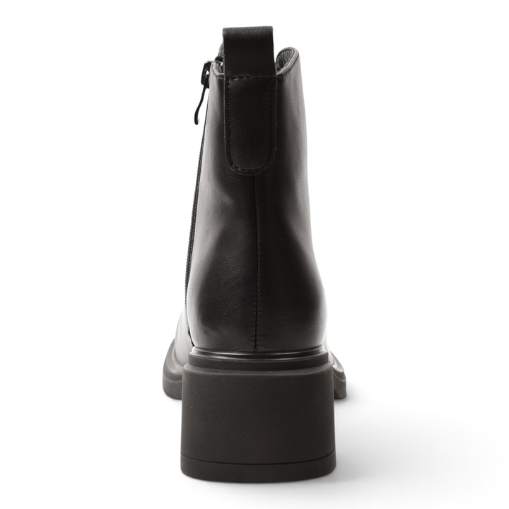 ada-shoes.ro Anna Viotti black leather ankle boots with a 5.5 cm block heel, viewed from the back.