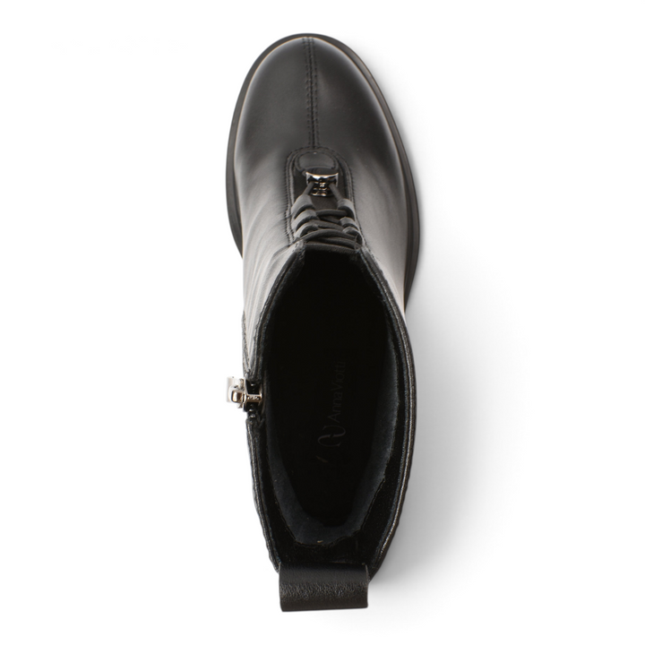 ada-shoes.ro Anna Viotti black leather ankle boots with a side zipper and a modern, comfortable design.