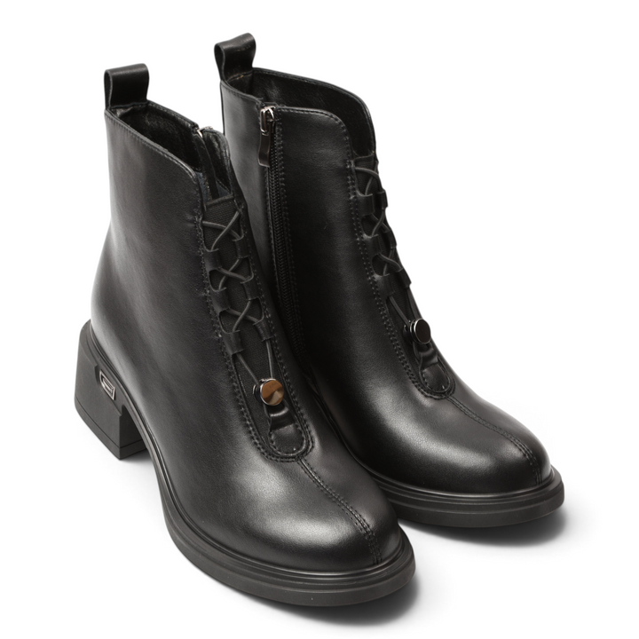 ada-shoes.ro Anna Viotti black leather ankle boots with a block heel, side zipper, and decorative front lacing.