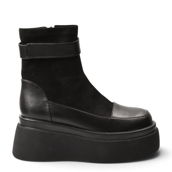 ada-shoes.ro Anna Viotti black platform ankle boots in suede and leather with a side buckle and rounded toe