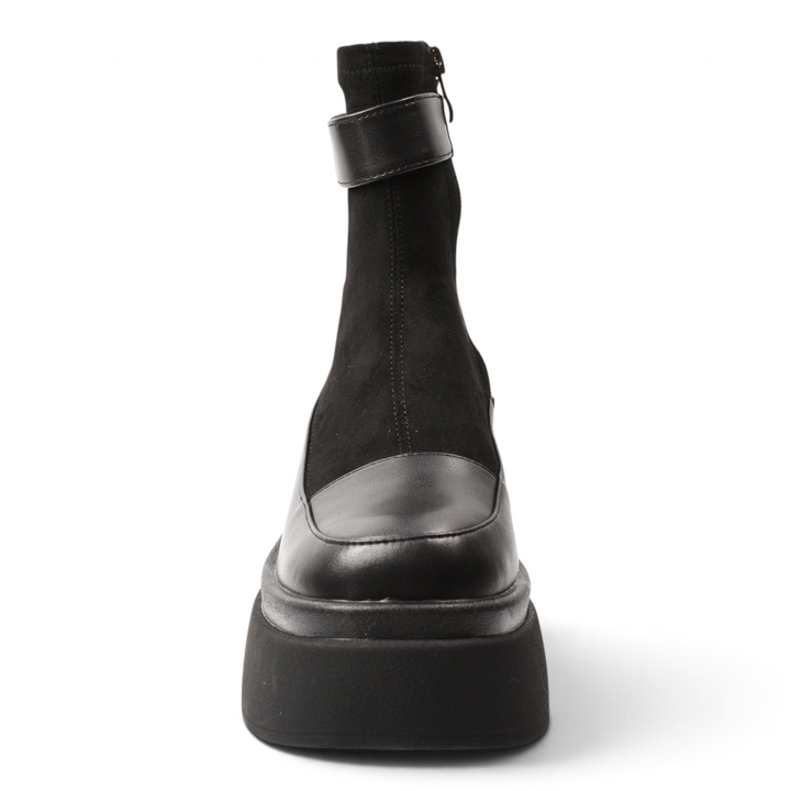 ada-shoes.ro Anna Viotti black platform boots in suede and leather with a buckle strap and side zipper