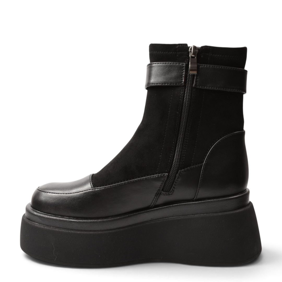 ada-shoes.ro Anna Viotti black platform ankle boots in suede and leather with side zipper and buckle strap
