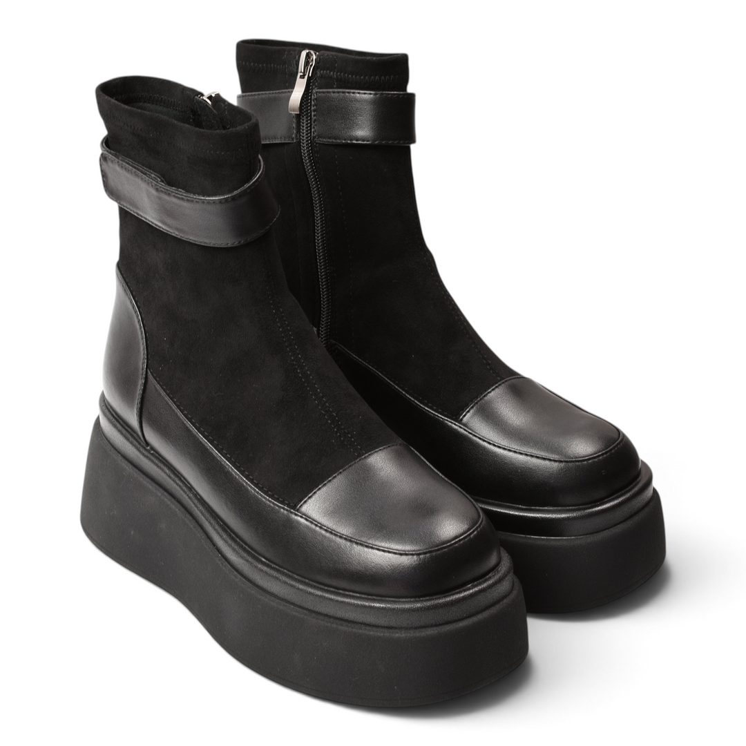 ada-shoes.ro Anna Viotti black platform boots made of suede and leather with a side zipper and buckle strap