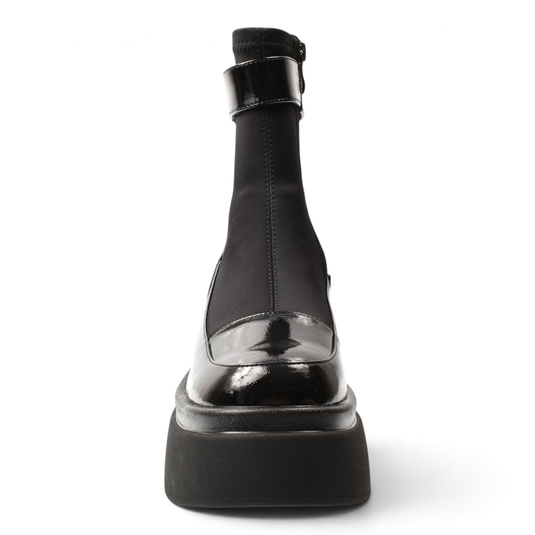 ada-shoes.ro Anna Viotti black platform ankle boots in patent leather and textile with a chunky sole and side zipper