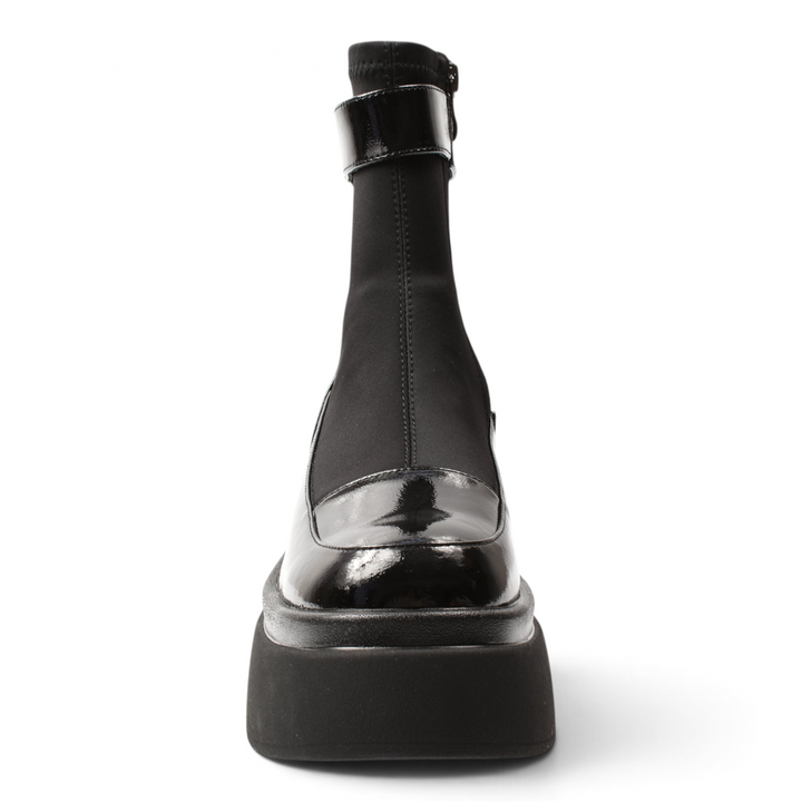 ada-shoes.ro Anna Viotti black platform ankle boots in patent leather and textile with a chunky sole and side zipper