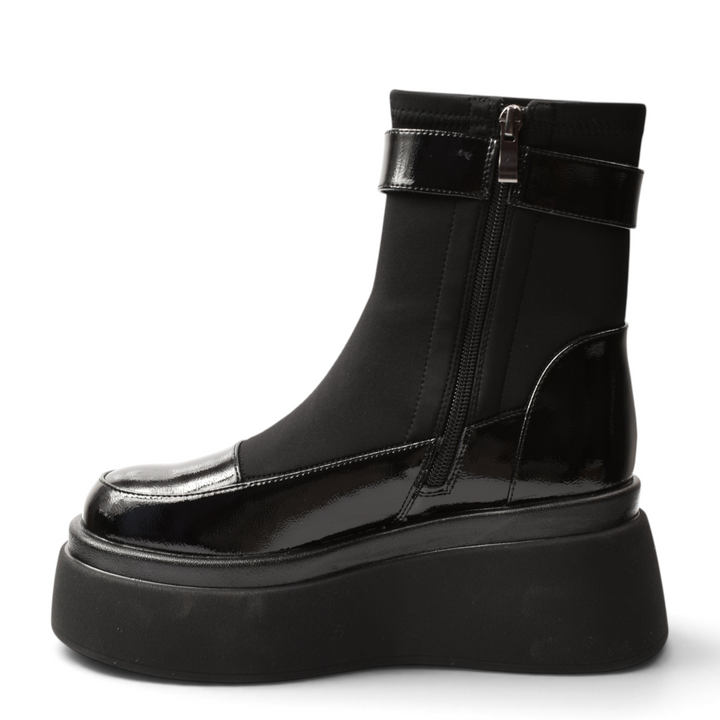 ada-shoes.ro Anna Viotti black platform ankle boots in patent leather and textile with side zipper