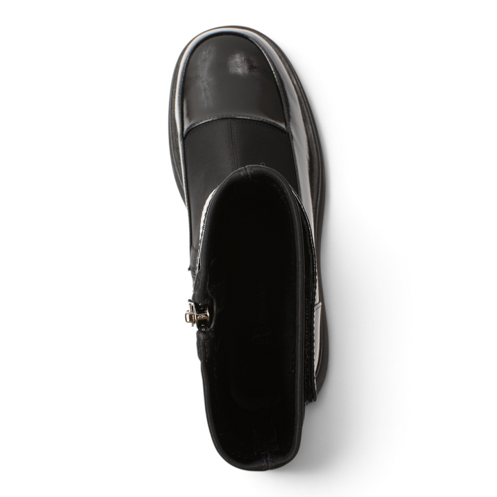 ada-shoes.ro Anna Viotti black patent leather and textile ankle boots with a platform sole and side zipper