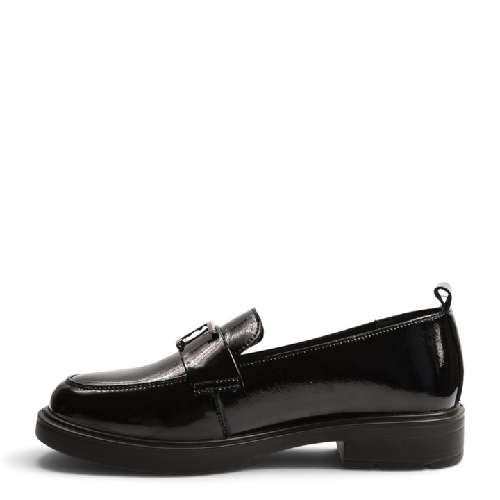 ada-shoes.ro Anna Viotti black patent leather loafers with a decorative front buckle and a low block heel