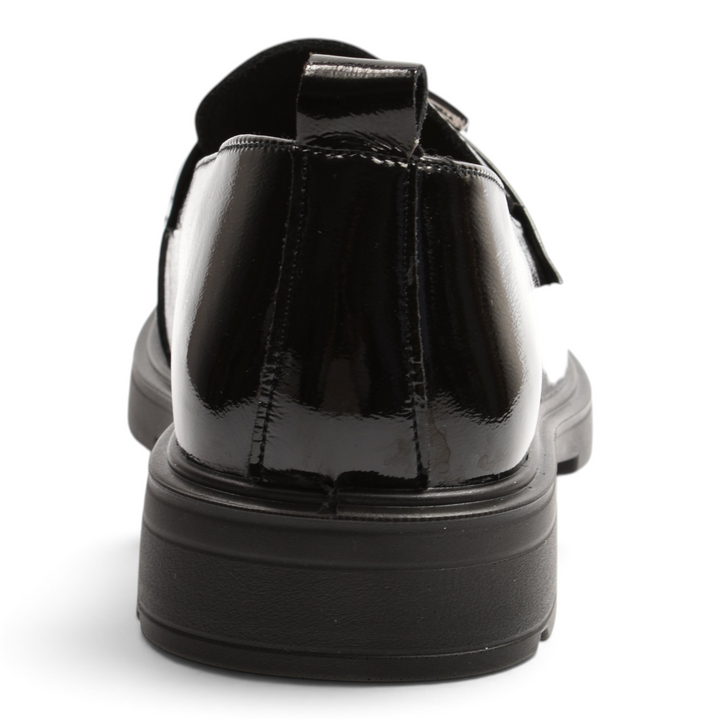 ada-shoes.ro Anna Viotti black patent leather loafer viewed from the back showing the low heel and smooth finish