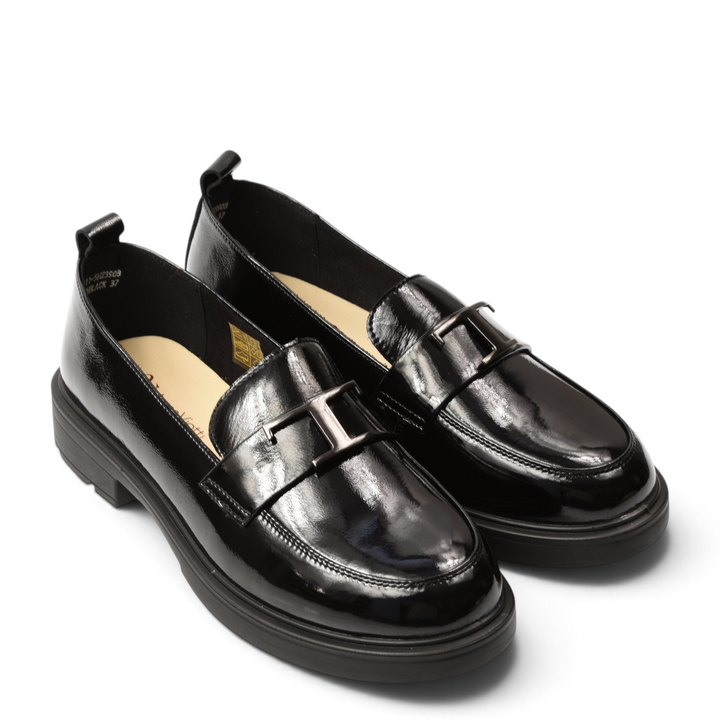 ada-shoes.ro Anna Viotti black patent leather loafers with a decorative metal accent and a low block heel.