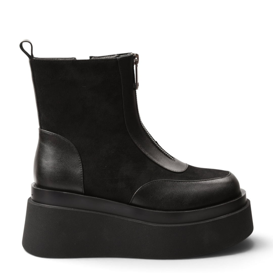 ada-shoes.ro Anna Viotti black platform boots in genuine leather and suede with a front zipper and rounded toe